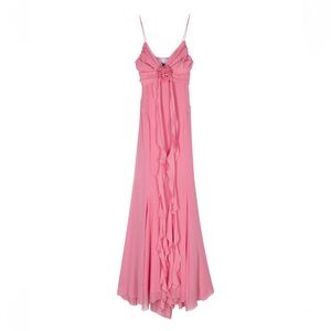 Blumarine Pink Rose Appliqué Georgette Silk Maxi Dress